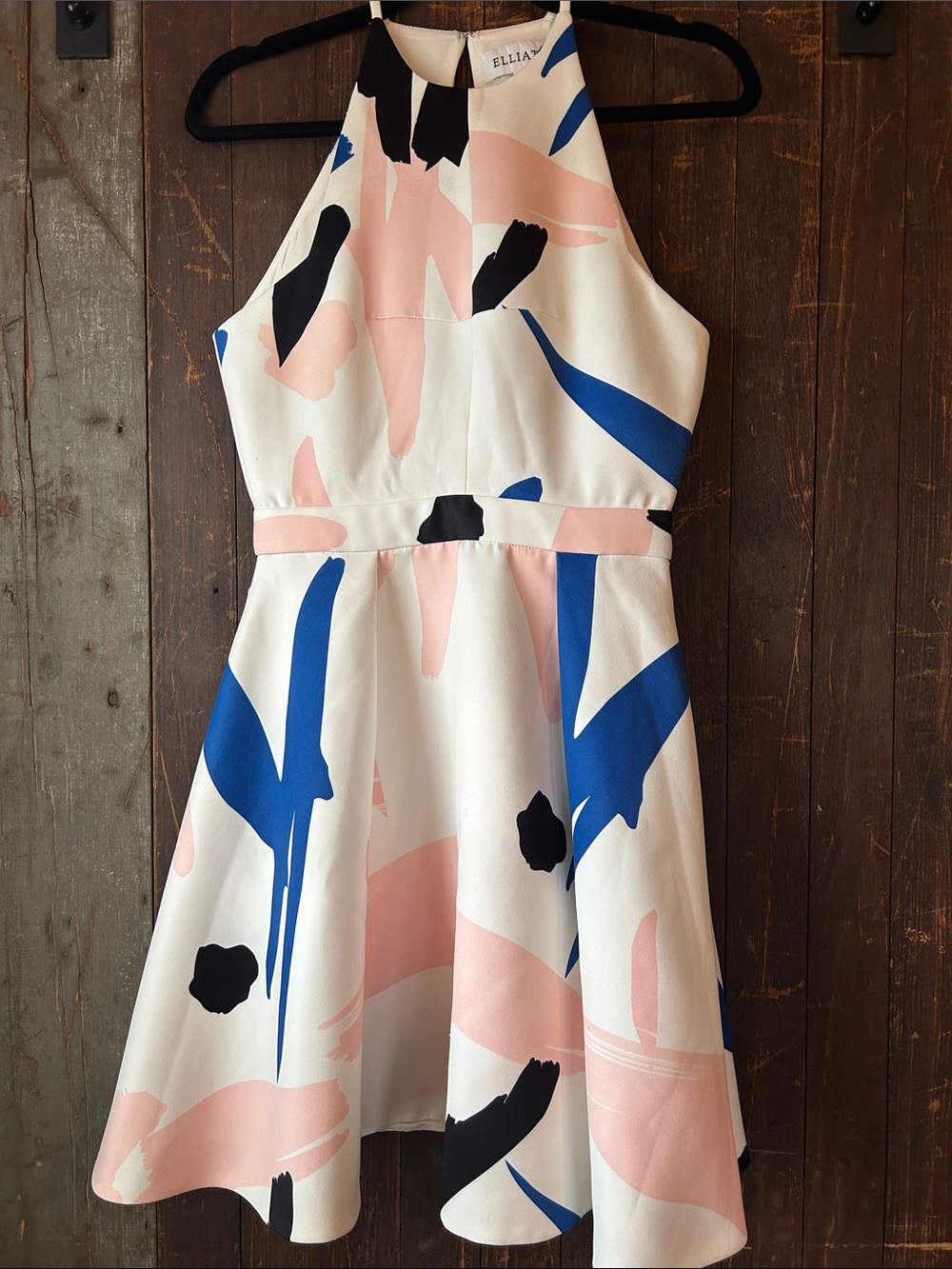 Elliatt White Halter Mini Dress with Blue, Pink & Black Abstract Print